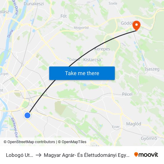 Lobogó Utca to Magyar Agrár- És Élettudományi Egyetem map