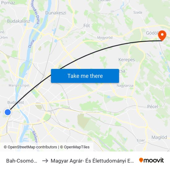 Bah-Csomópont to Magyar Agrár- És Élettudományi Egyetem map