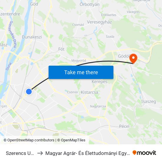 Szerencs Utca to Magyar Agrár- És Élettudományi Egyetem map