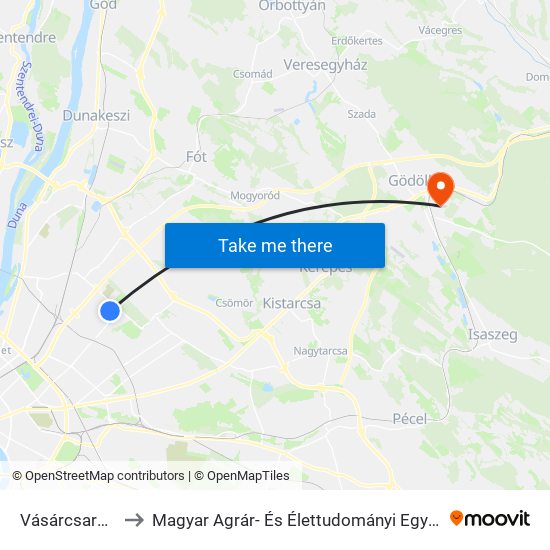 Vásárcsarnok to Magyar Agrár- És Élettudományi Egyetem map