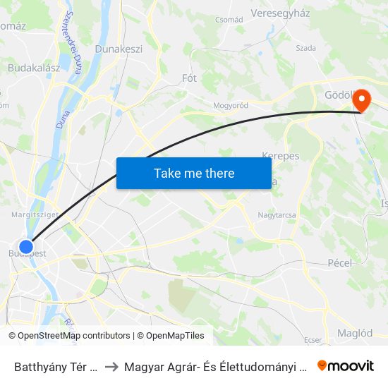 Batthyány Tér M+H to Magyar Agrár- És Élettudományi Egyetem map