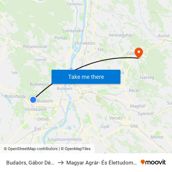 Budaörs, Gábor Dénes Körút to Magyar Agrár- És Élettudományi Egyetem map