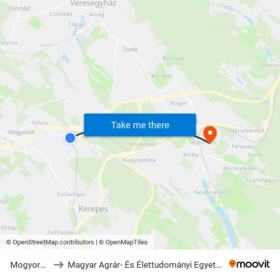 Mogyoród to Magyar Agrár- És Élettudományi Egyetem map