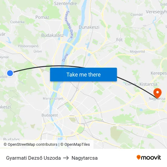 Gyarmati Dezső Uszoda to Nagytarcsa map