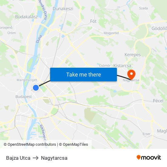 Bajza Utca to Nagytarcsa map