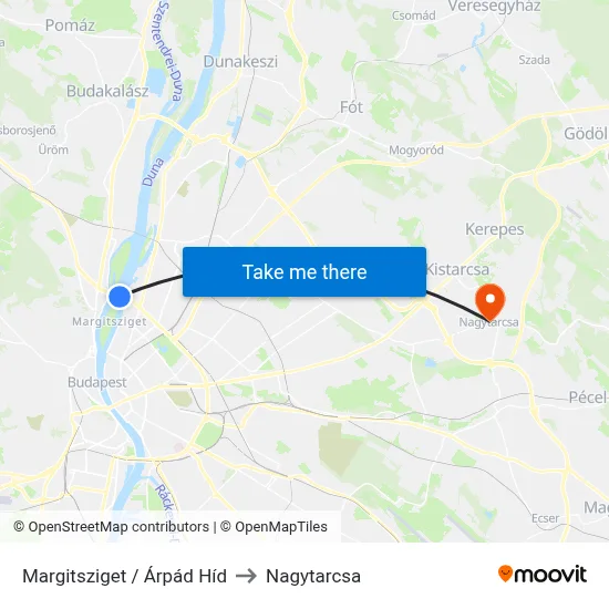 Margitsziget / Árpád Híd to Nagytarcsa map