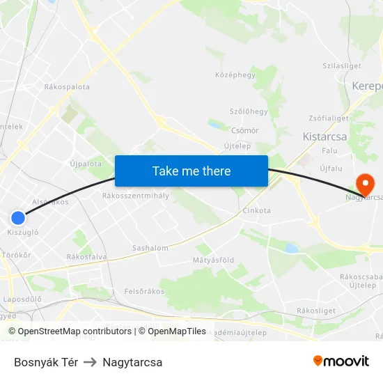 Bosnyák Tér to Nagytarcsa map
