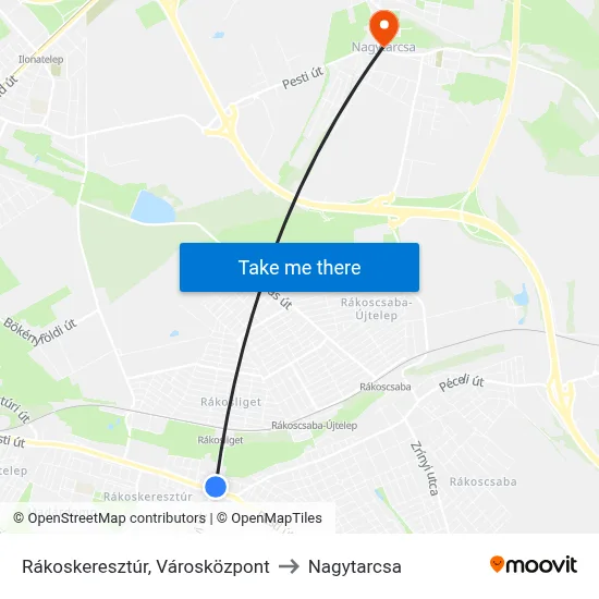 Rákoskeresztúr, Városközpont to Nagytarcsa map