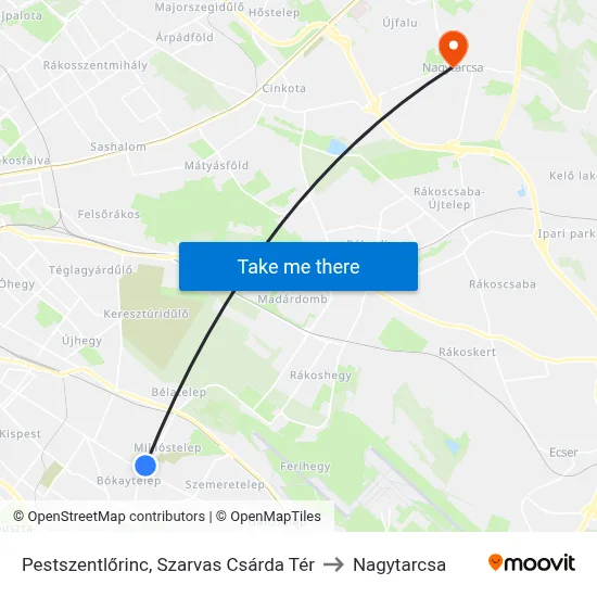Pestszentlőrinc, Szarvas Csárda Tér to Nagytarcsa map