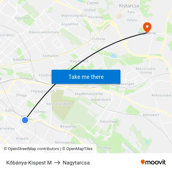 Kőbánya-Kispest M to Nagytarcsa map