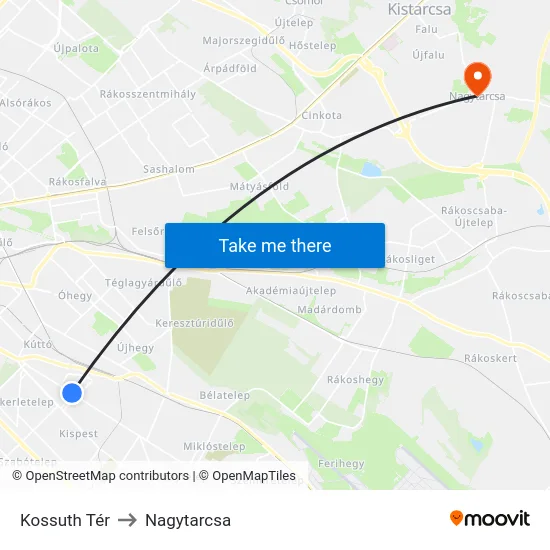 Kossuth Tér to Nagytarcsa map
