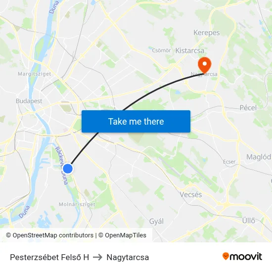 Pesterzsébet Felső H to Nagytarcsa map
