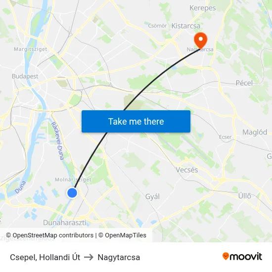 Csepel, Hollandi Út to Nagytarcsa map
