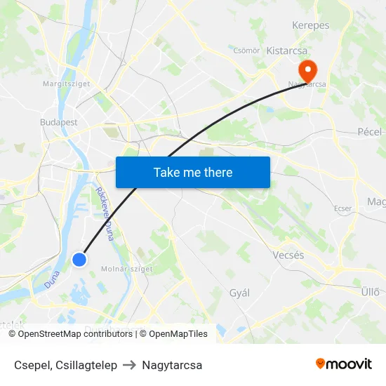 Csepel, Csillagtelep to Nagytarcsa map