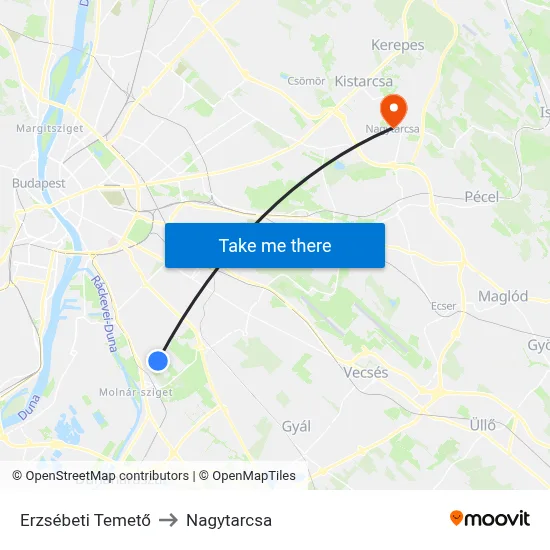 Erzsébeti Temető to Nagytarcsa map