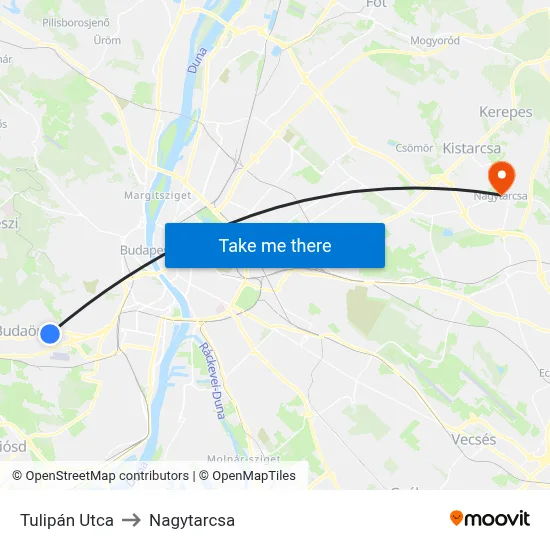Tulipán Utca to Nagytarcsa map