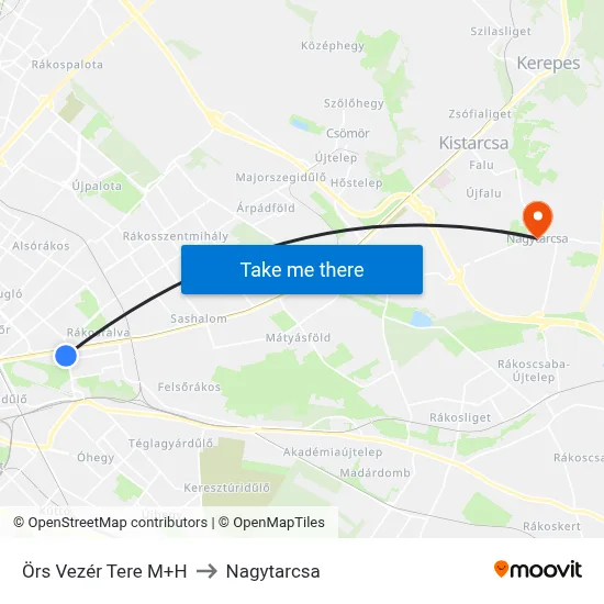 Örs Vezér Tere M+H to Nagytarcsa map