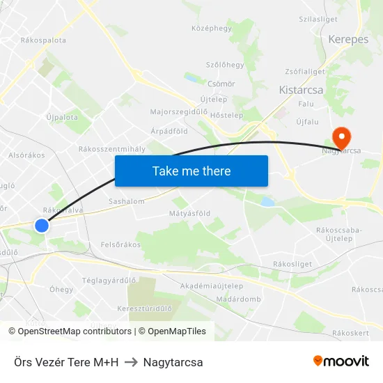 Örs Vezér Tere M+H to Nagytarcsa map