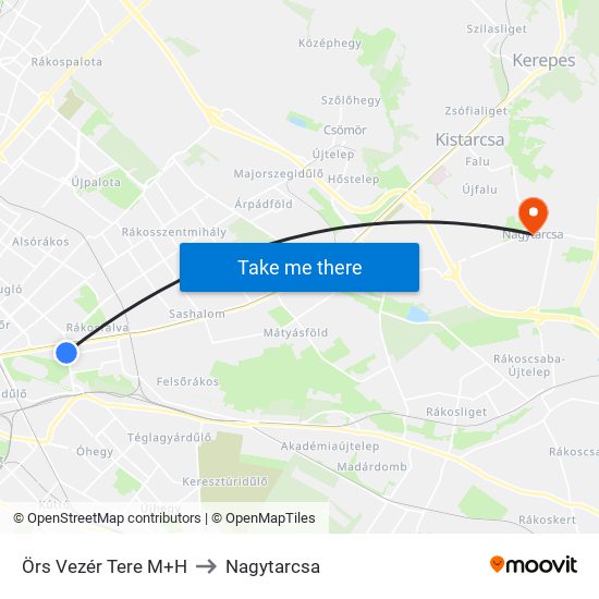 Örs Vezér Tere M+H to Nagytarcsa map