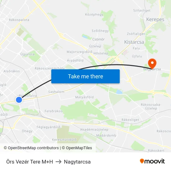 Örs Vezér Tere M+H to Nagytarcsa map