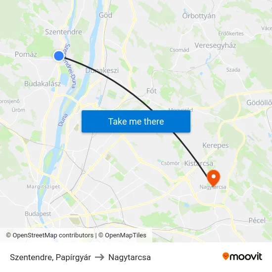 Szentendre, Papírgyár to Nagytarcsa map