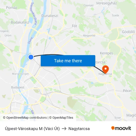 Újpest-Városkapu M (Váci Út) to Nagytarcsa map