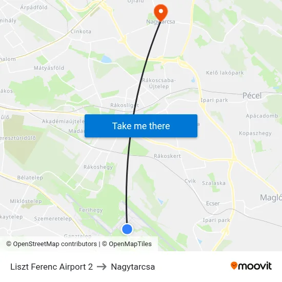 Liszt Ferenc Airport 2 to Nagytarcsa map