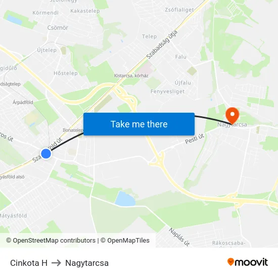 Cinkota H to Nagytarcsa map