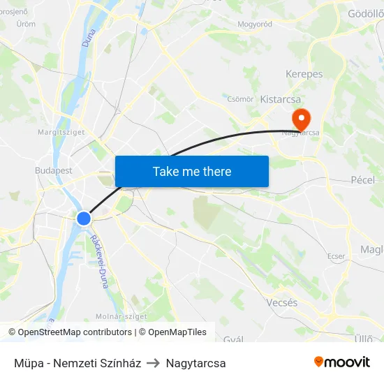 Müpa - Nemzeti Színház to Nagytarcsa map