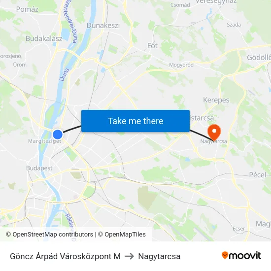 Göncz Árpád Városközpont M to Nagytarcsa map