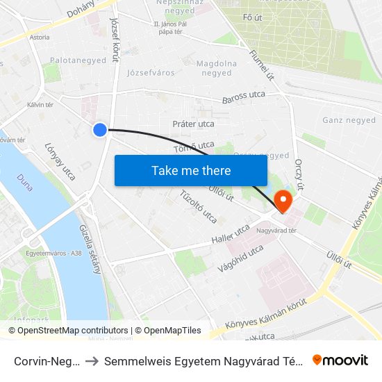 Corvin-Negyed M to Semmelweis Egyetem Nagyvárad Téri Elméleti Tömb map