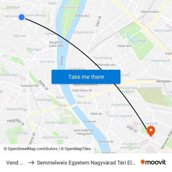 Vend Utca to Semmelweis Egyetem Nagyvárad Téri Elméleti Tömb map