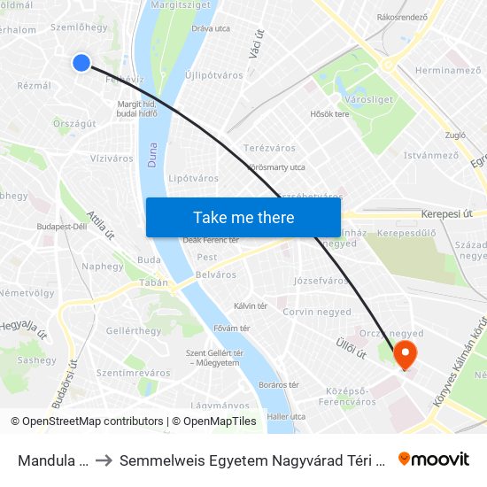 Mandula Utca to Semmelweis Egyetem Nagyvárad Téri Elméleti Tömb map