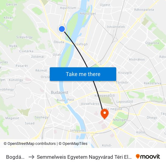 Bogdáni Út to Semmelweis Egyetem Nagyvárad Téri Elméleti Tömb map