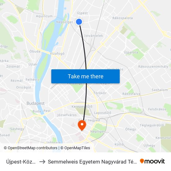 Újpest-Központ M to Semmelweis Egyetem Nagyvárad Téri Elméleti Tömb map