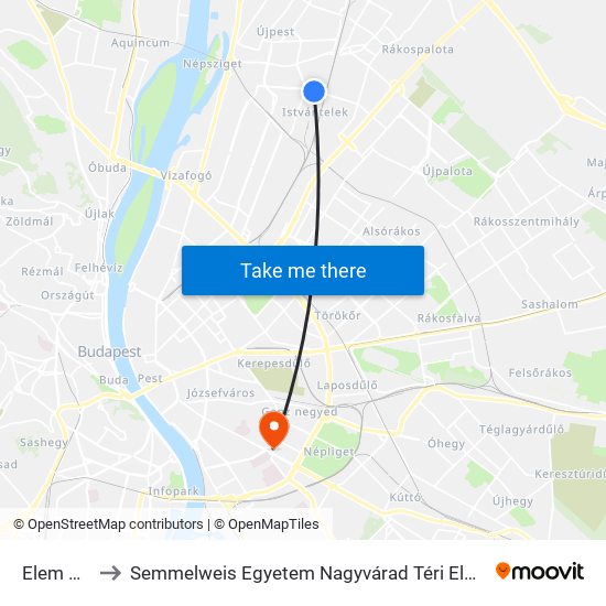 Elem Utca to Semmelweis Egyetem Nagyvárad Téri Elméleti Tömb map