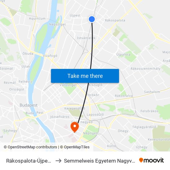 Rákospalota-Újpest Vasútállomás to Semmelweis Egyetem Nagyvárad Téri Elméleti Tömb map