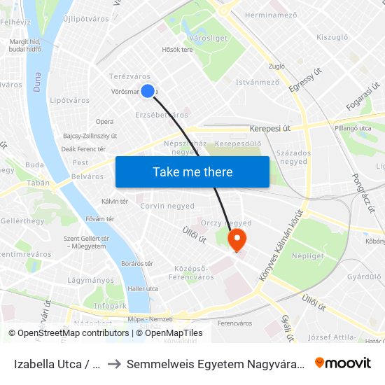 Izabella Utca / Király Utca to Semmelweis Egyetem Nagyvárad Téri Elméleti Tömb map