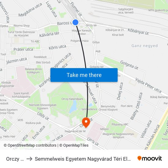 Orczy Tér to Semmelweis Egyetem Nagyvárad Téri Elméleti Tömb map