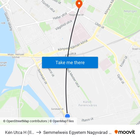 Kén Utca H (Illatos Út) to Semmelweis Egyetem Nagyvárad Téri Elméleti Tömb map