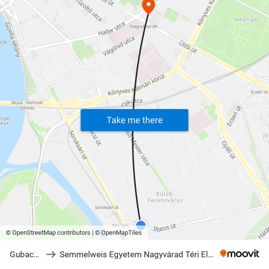 Gubacsi Út to Semmelweis Egyetem Nagyvárad Téri Elméleti Tömb map