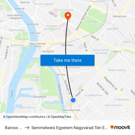 Baross Utca to Semmelweis Egyetem Nagyvárad Téri Elméleti Tömb map