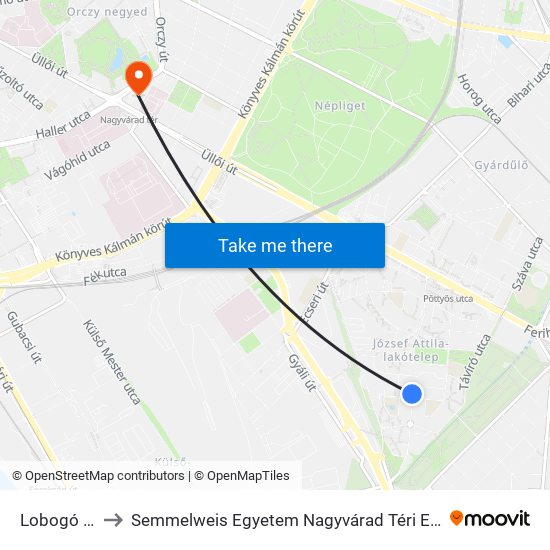 Lobogó Utca to Semmelweis Egyetem Nagyvárad Téri Elméleti Tömb map
