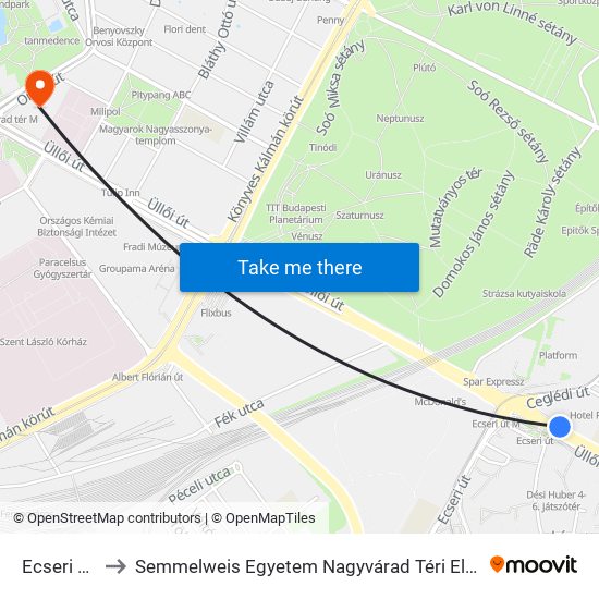 Ecseri Út M to Semmelweis Egyetem Nagyvárad Téri Elméleti Tömb map