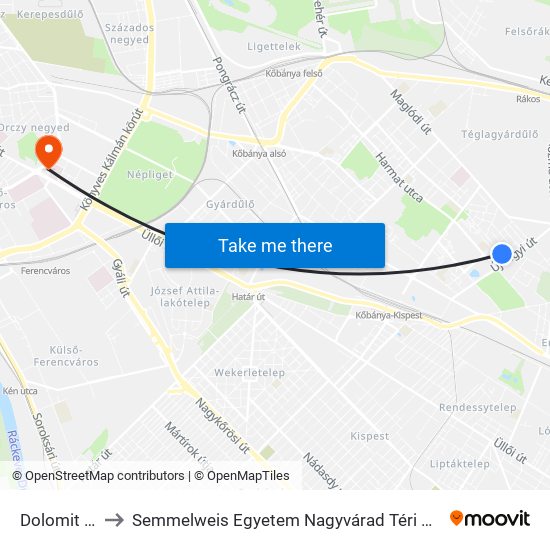 Dolomit Utca to Semmelweis Egyetem Nagyvárad Téri Elméleti Tömb map