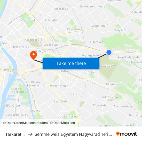 Tarkarét Utca to Semmelweis Egyetem Nagyvárad Téri Elméleti Tömb map