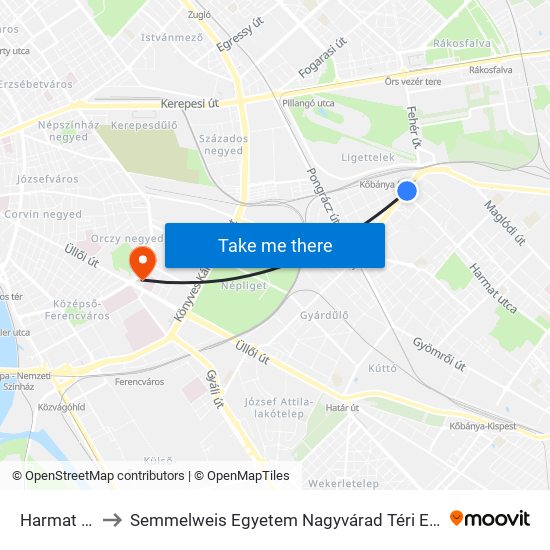 Harmat Utca to Semmelweis Egyetem Nagyvárad Téri Elméleti Tömb map