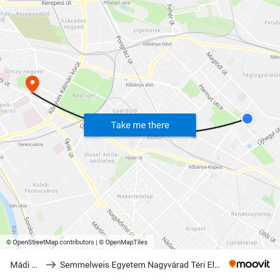 Mádi Utca to Semmelweis Egyetem Nagyvárad Téri Elméleti Tömb map
