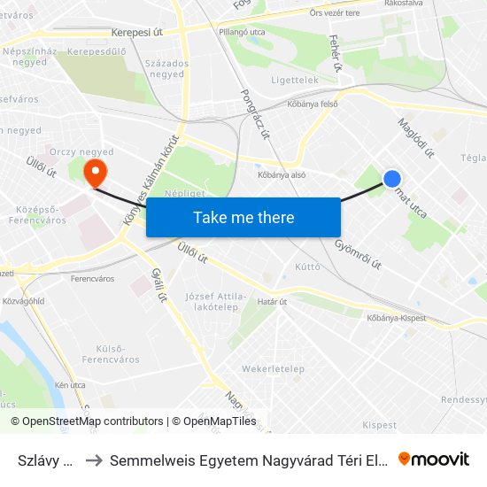 Szlávy Utca to Semmelweis Egyetem Nagyvárad Téri Elméleti Tömb map