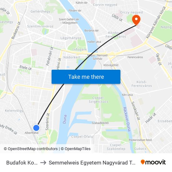 Budafok Kocsiszín to Semmelweis Egyetem Nagyvárad Téri Elméleti Tömb map